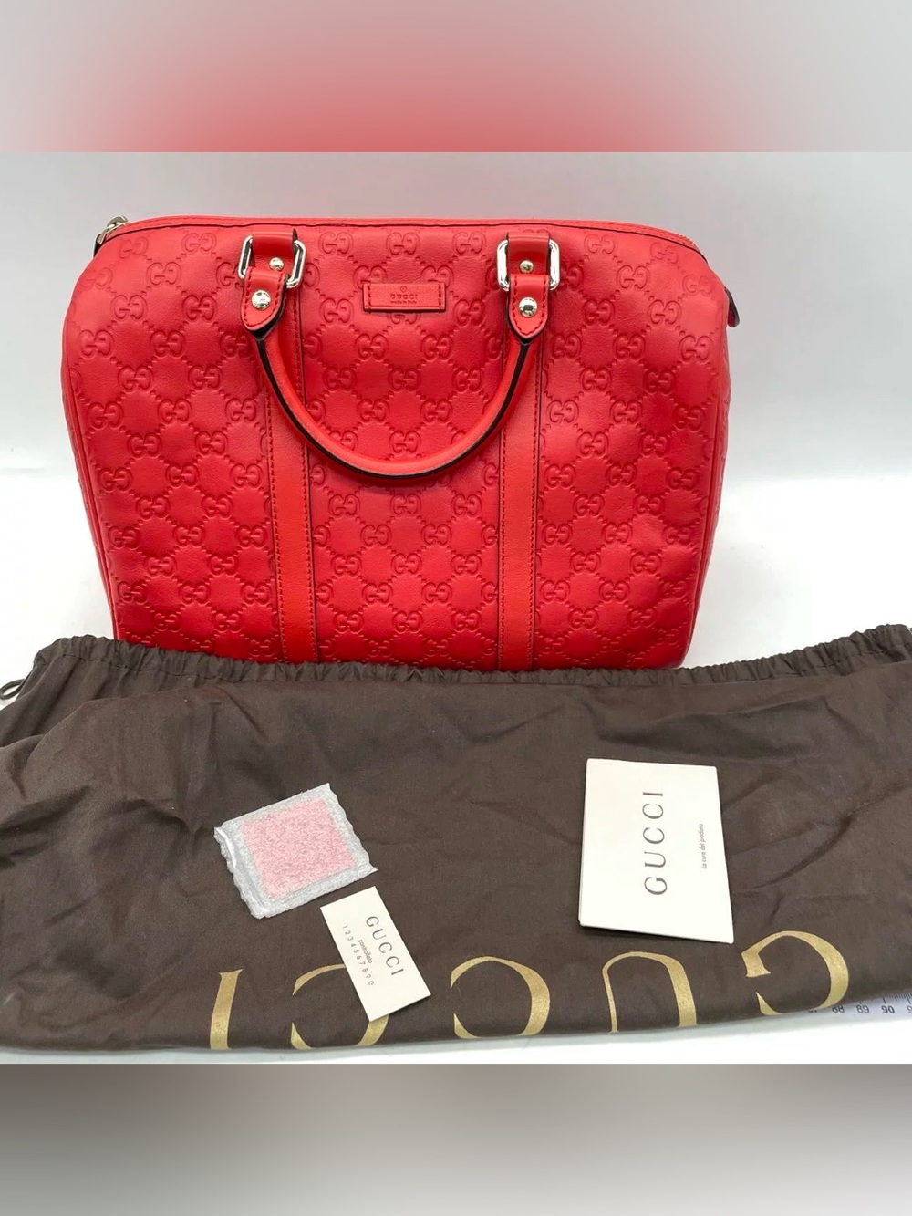 GUCCI Boston Red Joy Guccissima Embossed Leather Satchel Bag